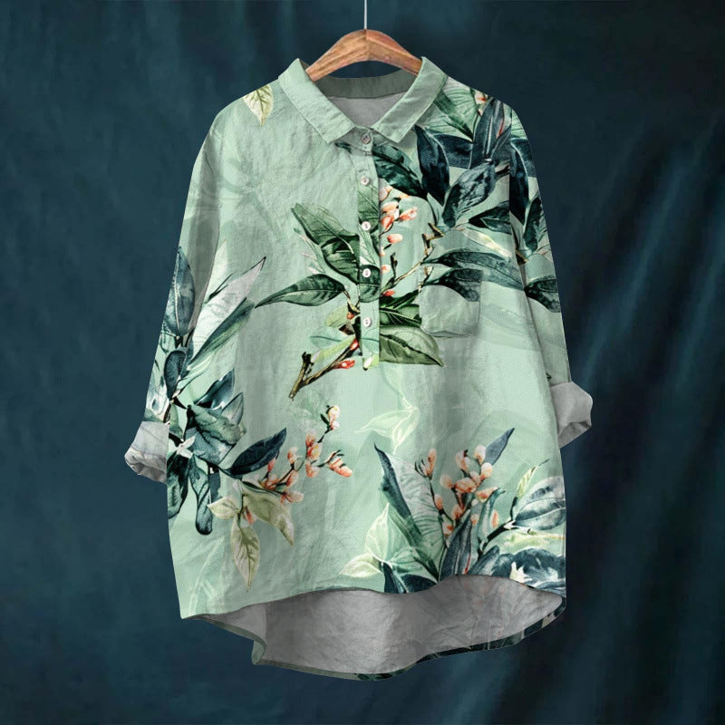 Cross-border Long-sleeved Bamboo Linen Printed Fashionable All-match Lapel Shirt