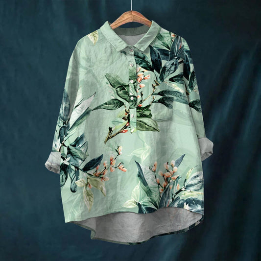 Cross-border Long-sleeved Bamboo Linen Printed Fashionable All-match Lapel Shirt