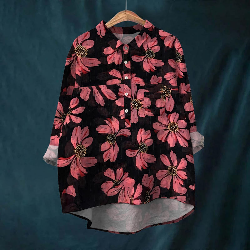 Cross-border Long-sleeved Bamboo Linen Printed Fashionable All-match Lapel Shirt