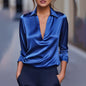 Elegant Women's V-Neck Long Sleeve Blouse With Satin Sheen Solid Color Formal Shirt For Spring Fall