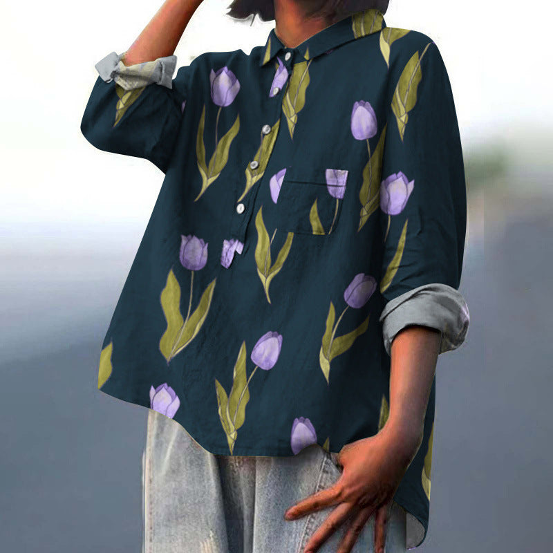 Cross-border Long-sleeved Bamboo Linen Printed Fashionable All-match Lapel Shirt