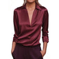 Elegant Women's V-Neck Long Sleeve Blouse With Satin Sheen Solid Color Formal Shirt For Spring Fall