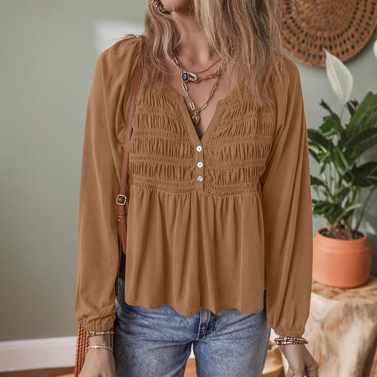 Women's Versatile Lotus Leaf Solid Color Pullover V-neck Chiffon Shirt