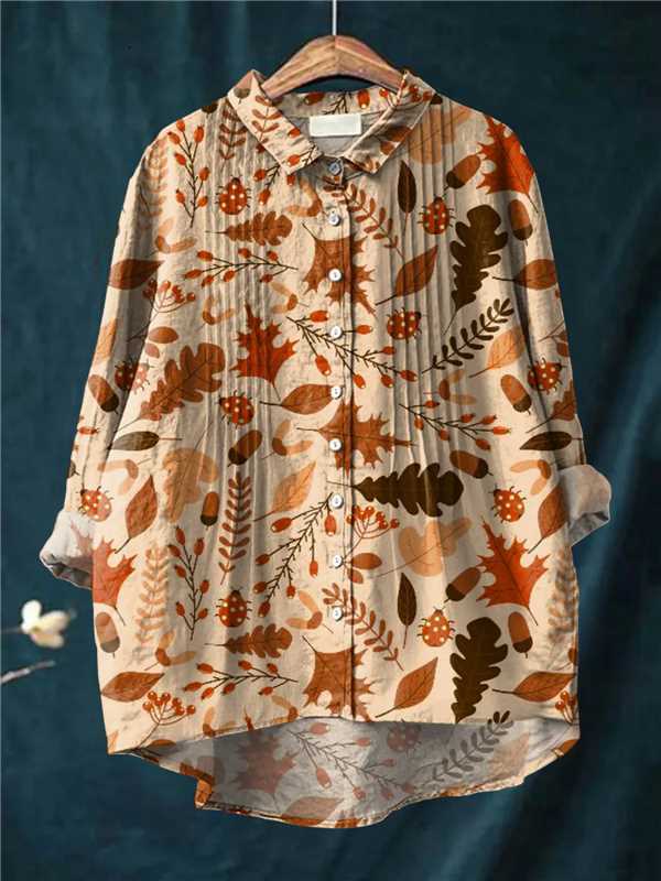Cross-border Long-sleeved Bamboo Linen Printed Fashionable All-match Lapel Shirt