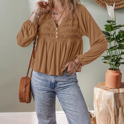 Women's Versatile Lotus Leaf Solid Color Pullover V-neck Chiffon Shirt