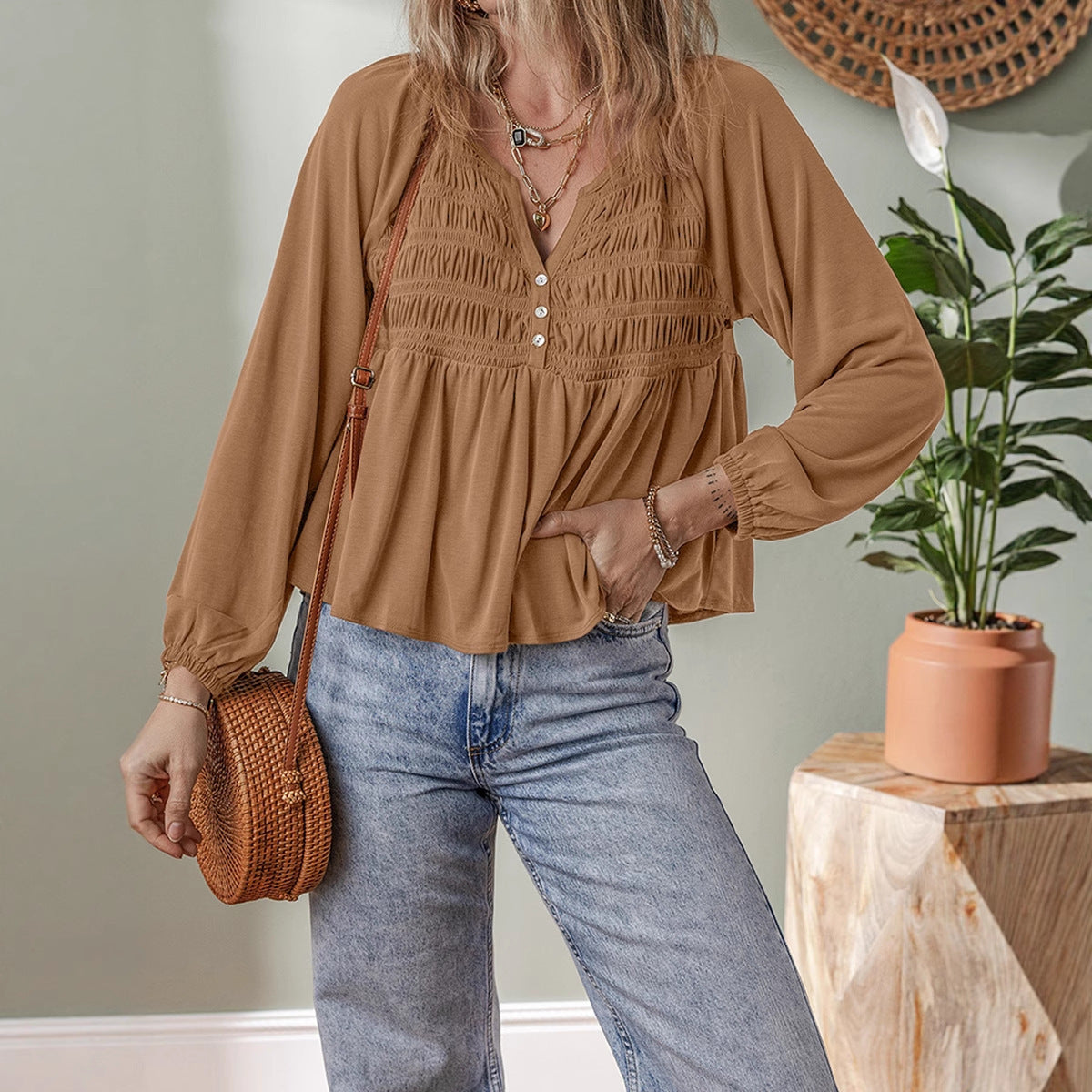 Women's Versatile Lotus Leaf Solid Color Pullover V-neck Chiffon Shirt
