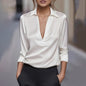 Elegant Women's V-Neck Long Sleeve Blouse With Satin Sheen Solid Color Formal Shirt For Spring Fall