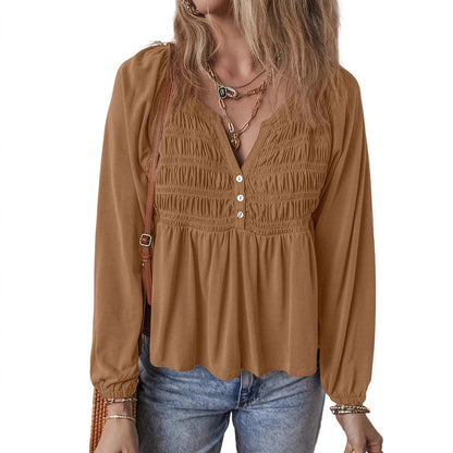 Women's Versatile Lotus Leaf Solid Color Pullover V-neck Chiffon Shirt