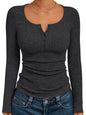 Women's Solid Color Buttons Long-sleeved T-shirt Thread Knitted Top