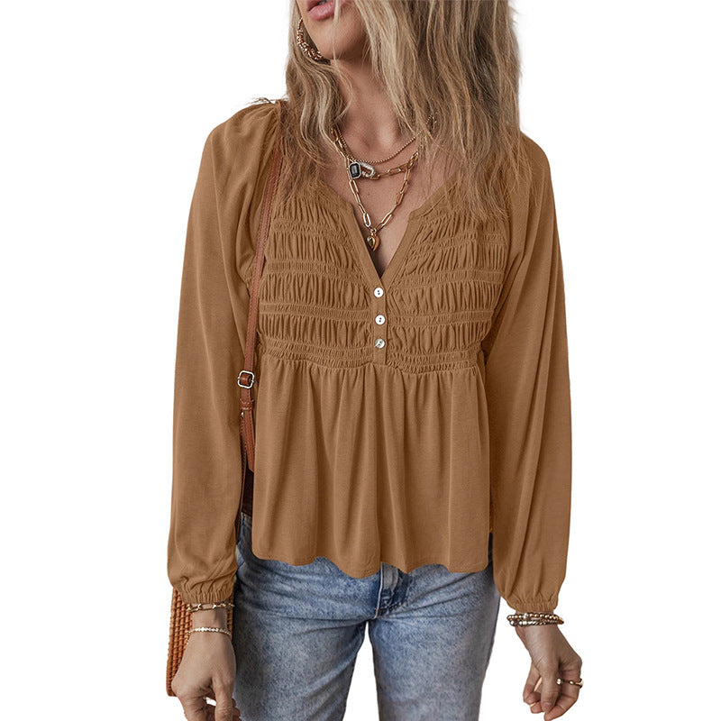 Women's Versatile Lotus Leaf Solid Color Pullover V-neck Chiffon Shirt