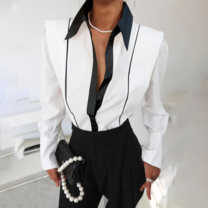Women's Black & White Colorblock Button Down Shirt, Elegant Long Sleeve Collared Blouse, Office Work Tops